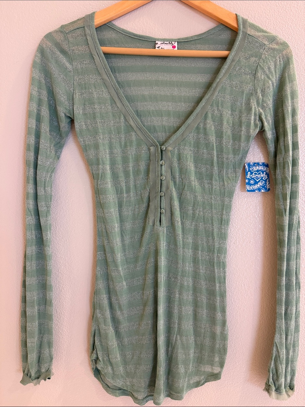 Free People Sage Green Striped Button-Front Long Sleeve Top